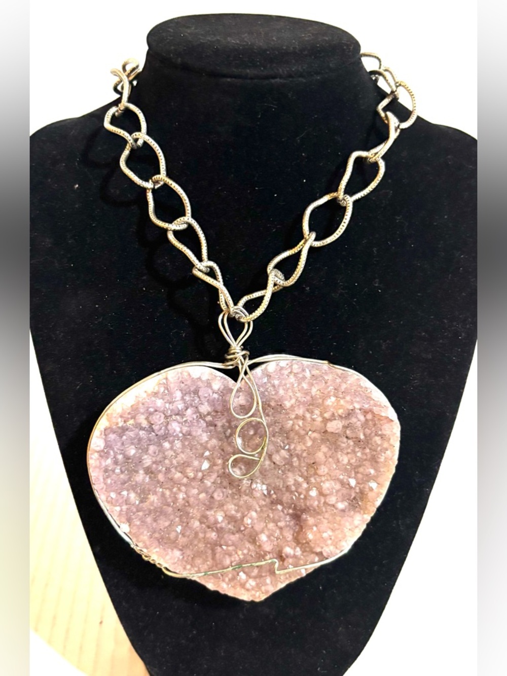 Gold Chain Necklace with Pink Druzy Heart Pendant - Unbranded
